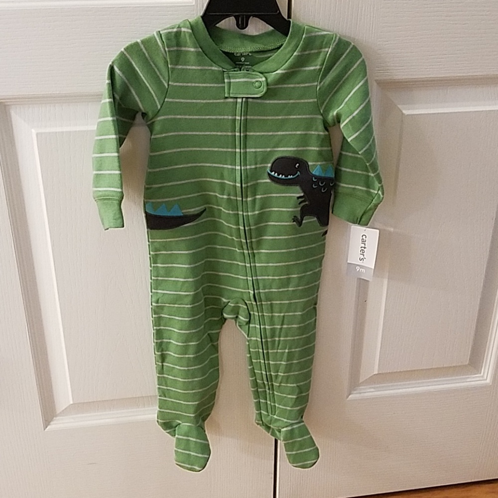 Carter's Green Striped Dino Footed Pajamas